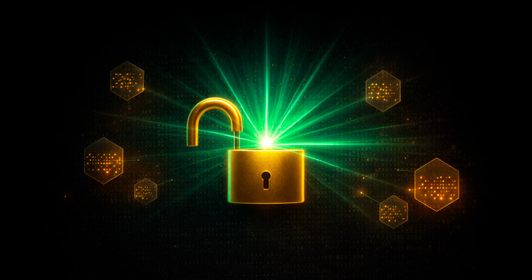 Golden padlock opening to emit verification light — representing cryptographic proof in provably fair systems