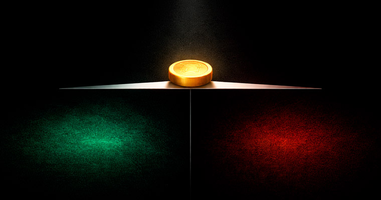 Gold coin balanced on a razor edge — 100% RTP is fair but the outcome can tip either way