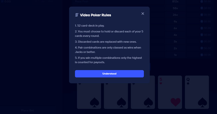 Video poker rules and paytable example