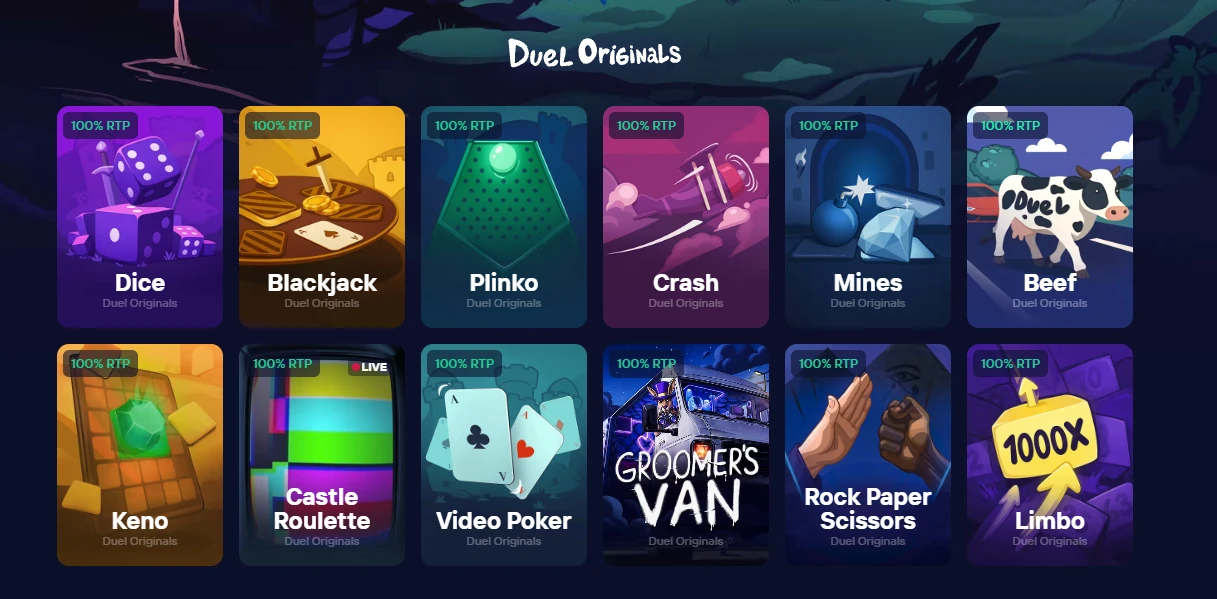 Duel Originals lobby showing twelve games with 100% RTP badges