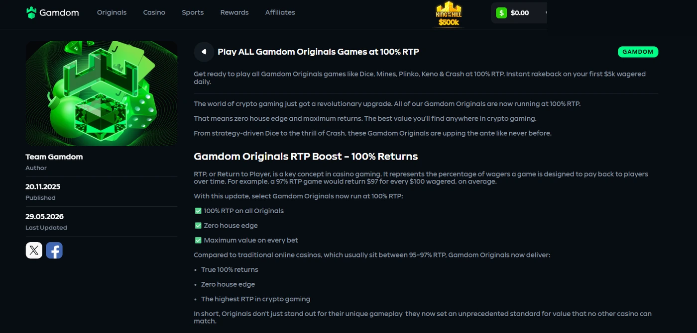 Gamdom official article advertising Gamdom Originals at 100% RTP