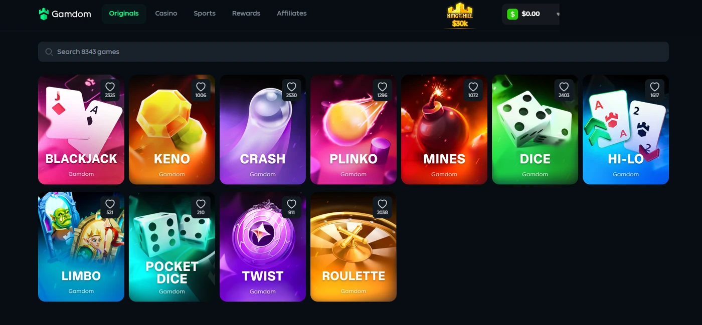 Gamdom Originals lobby showing eleven in-house casino games
