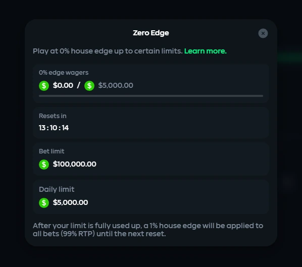Gamdom Zero Edge panel showing 5000 dollar daily allowance