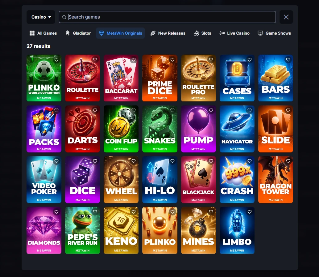 MetaWin Originals lobby showing 27 regular games and no ZERO-labelled games