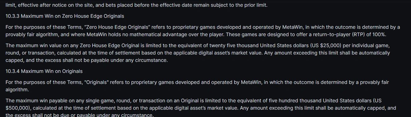 MetaWin terms defining Zero House Edge Originals and a 25000 dollar maximum win