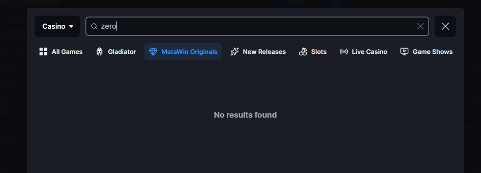 MetaWin casino search for zero returning no results